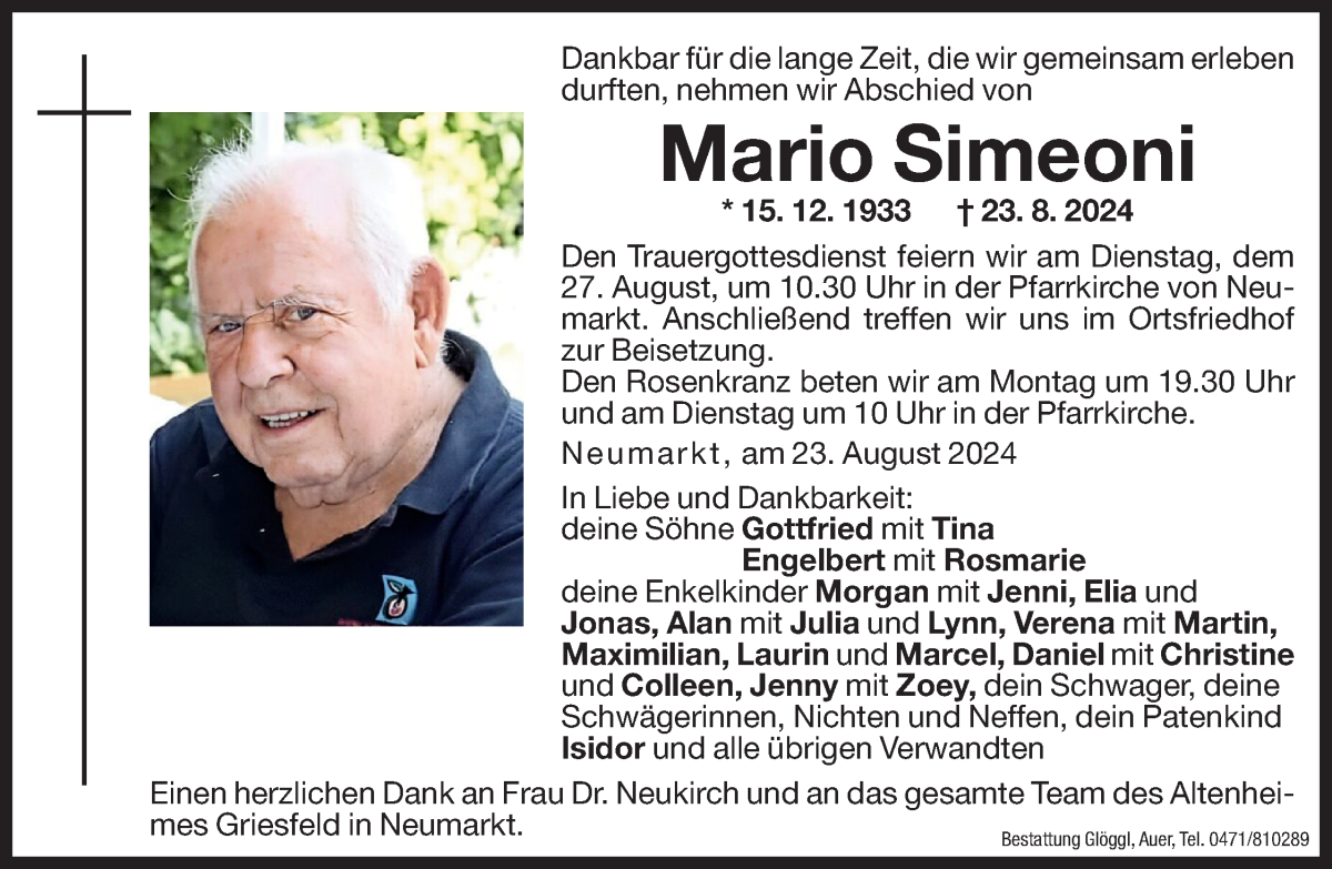  Traueranzeige für Mario Simeoni vom 24.08.2024 aus Dolomiten