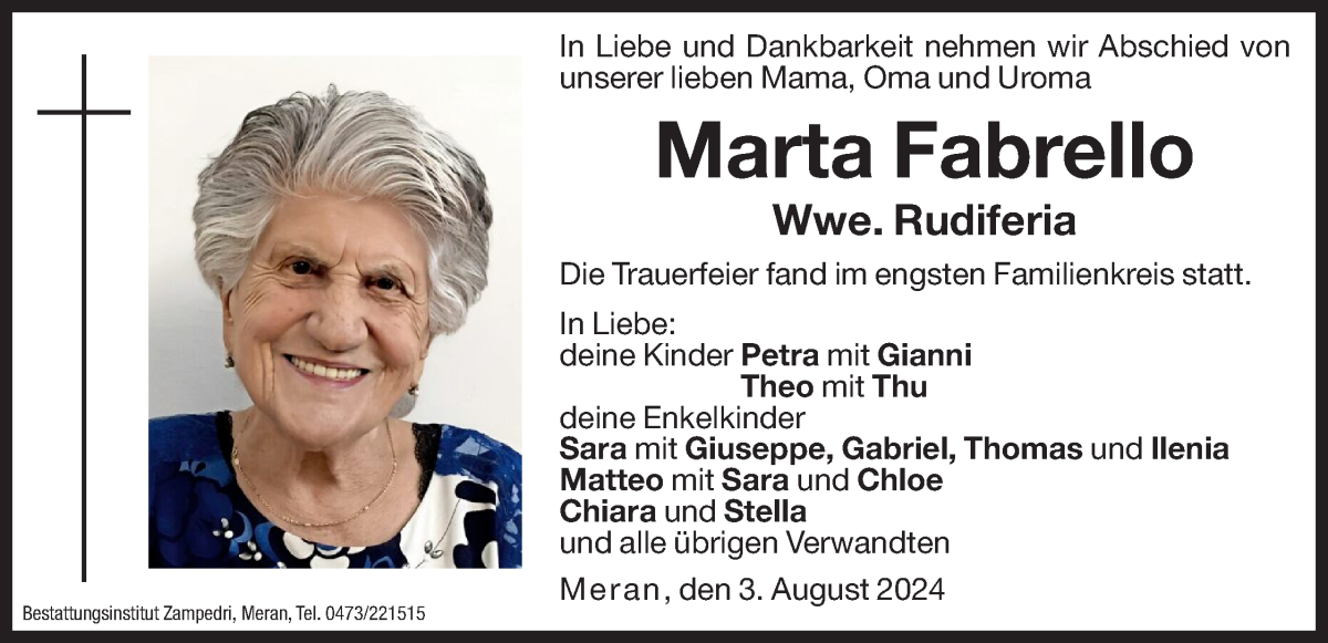  Traueranzeige für Marta Rudiferia vom 07.08.2024 aus Dolomiten