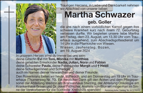 Traueranzeige von Martha Schwazer von Dolomiten