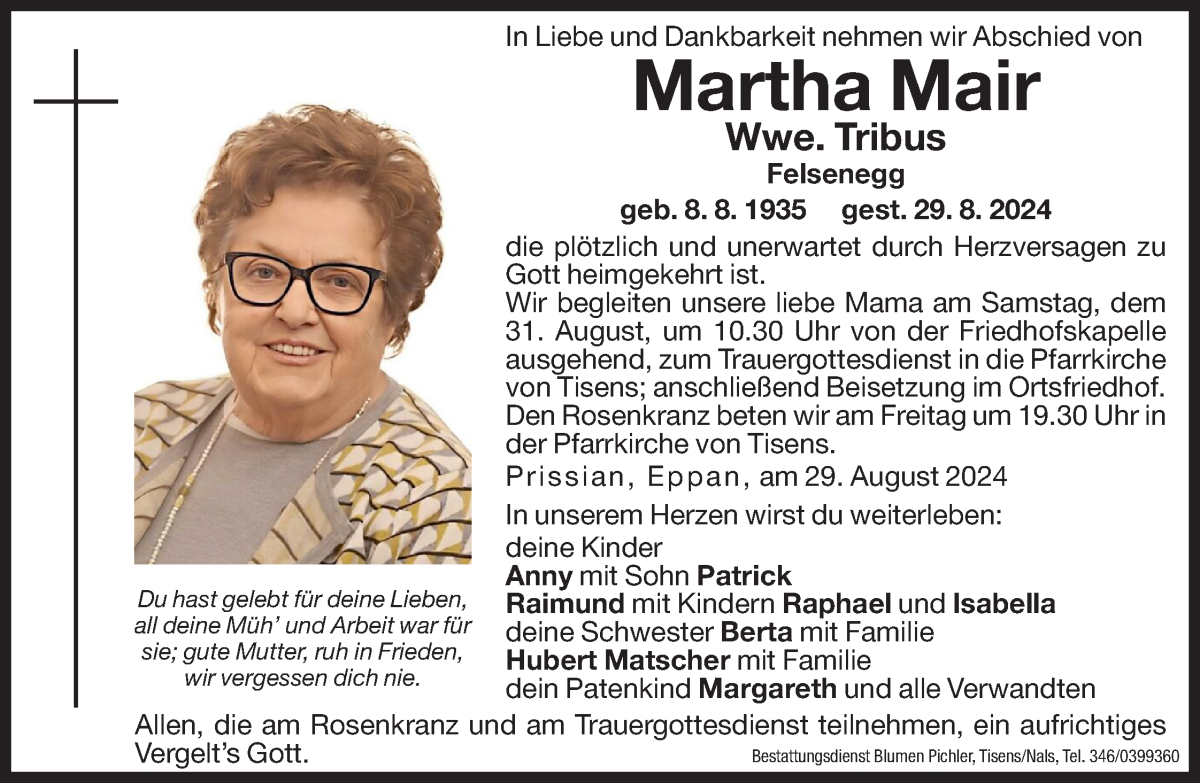  Traueranzeige für Martha Tribus vom 30.08.2024 aus Dolomiten