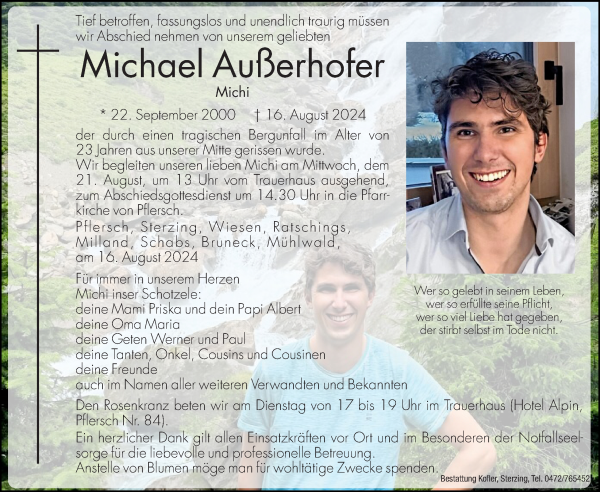 Traueranzeige von Michael Außerhofer von Dolomiten