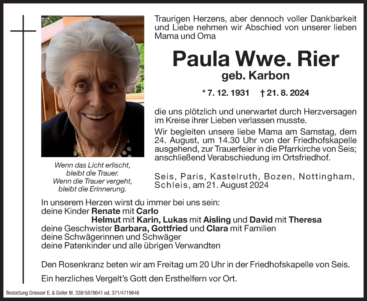  Traueranzeige für Paula Rier vom 23.08.2024 aus Dolomiten