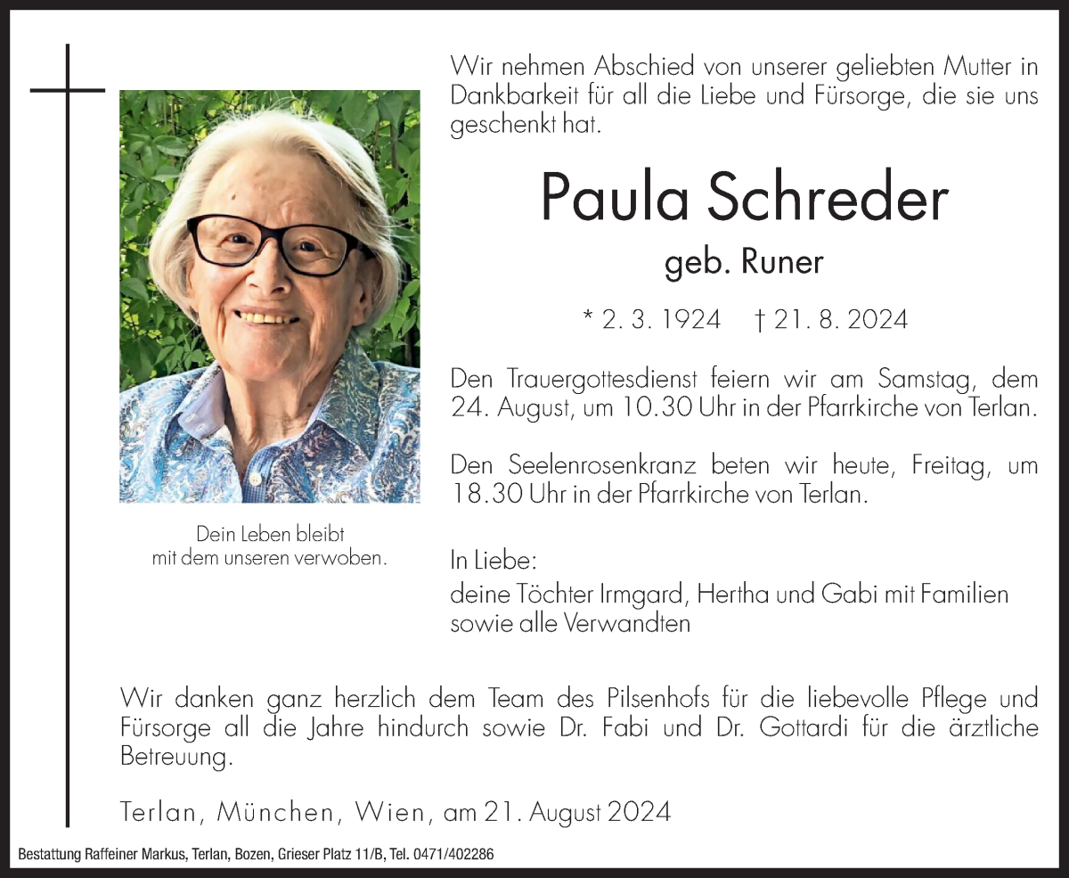  Traueranzeige für Paula Schreder vom 23.08.2024 aus Dolomiten