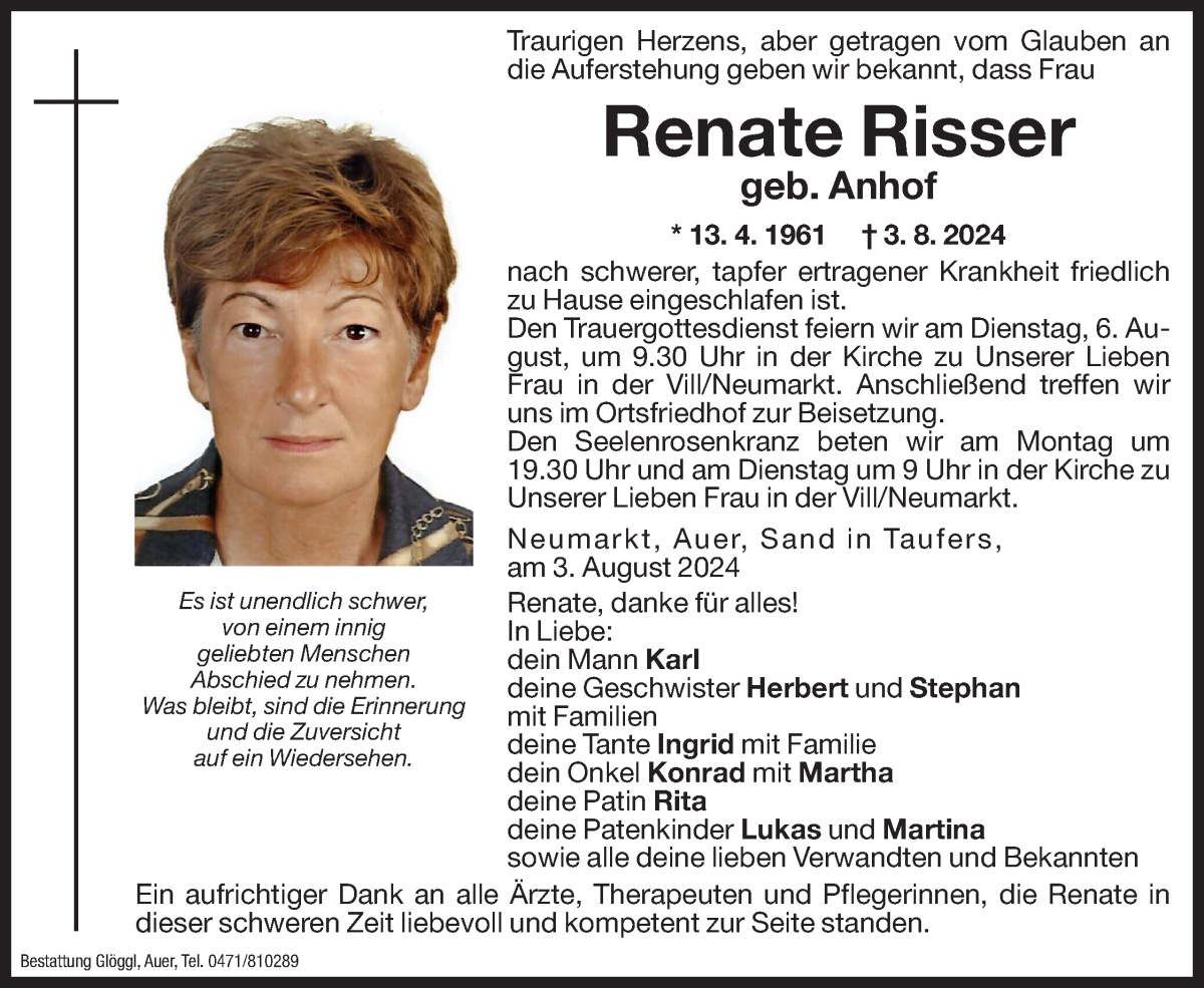  Traueranzeige für Renate Risser vom 05.08.2024 aus Dolomiten