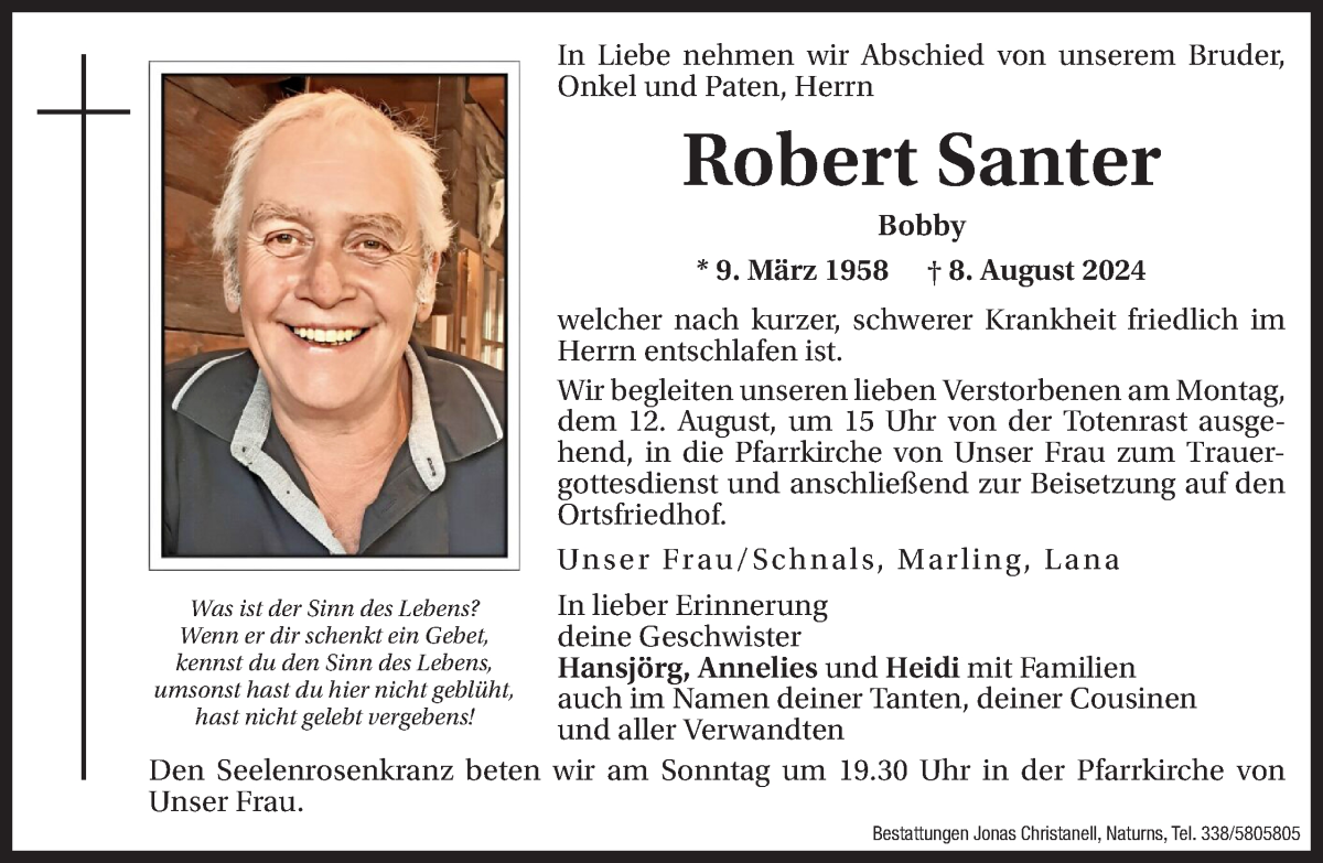  Traueranzeige für Robert Santer vom 09.08.2024 aus Dolomiten