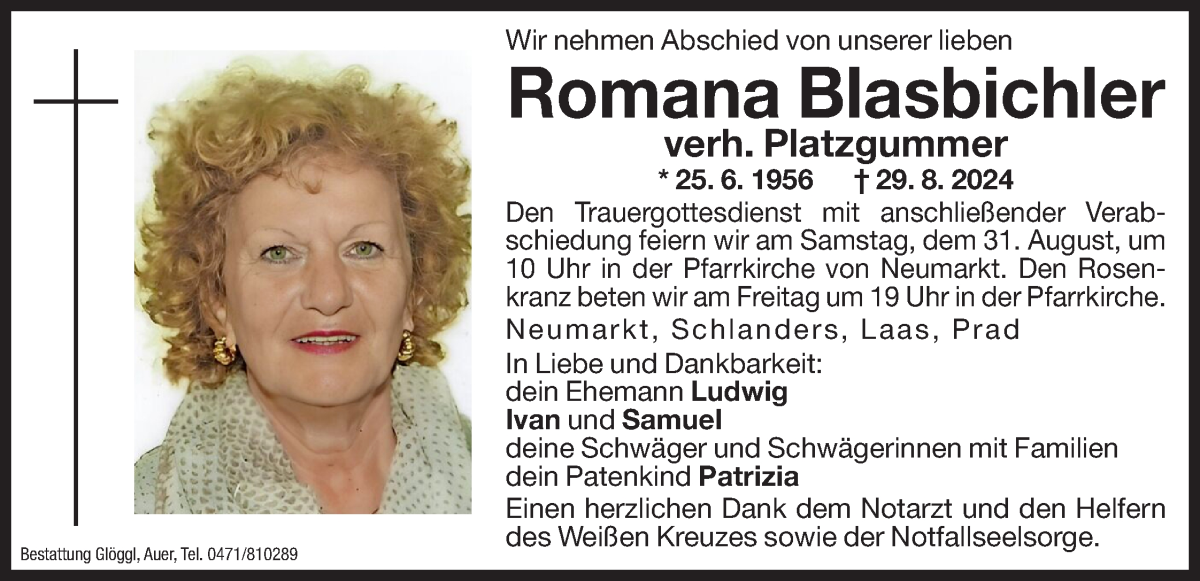  Traueranzeige für Romana Platzgummer vom 30.08.2024 aus Dolomiten