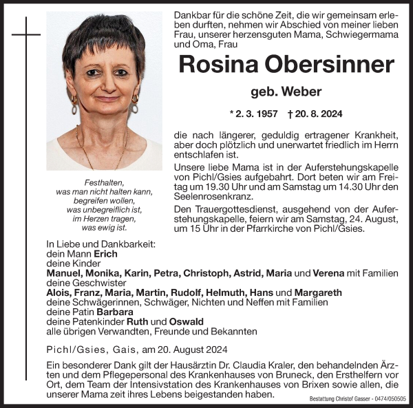 Traueranzeige von Rosina Obersinner von Dolomiten