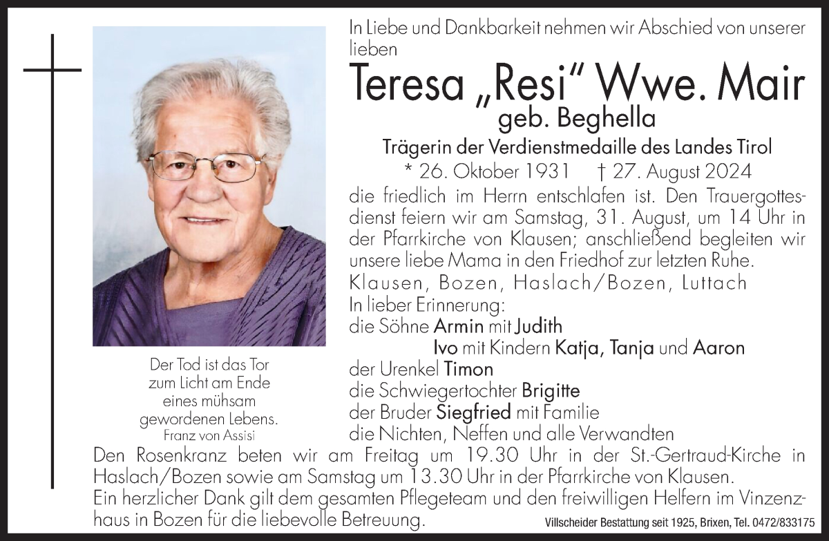  Traueranzeige für Teresa „Resi“ Mair vom 30.08.2024 aus Dolomiten