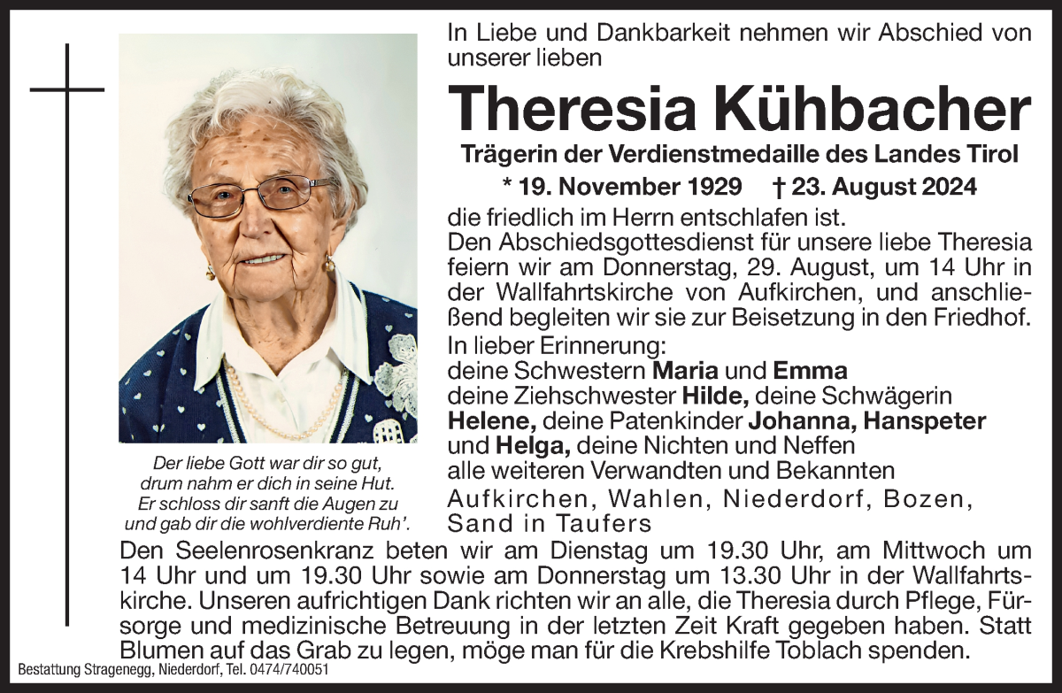  Traueranzeige für Theresia Kühbacher vom 26.08.2024 aus Dolomiten