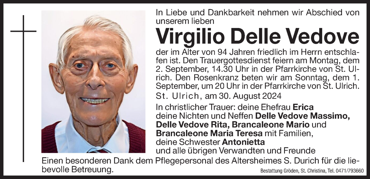  Traueranzeige für Virgilio Delle Vedove vom 31.08.2024 aus Dolomiten