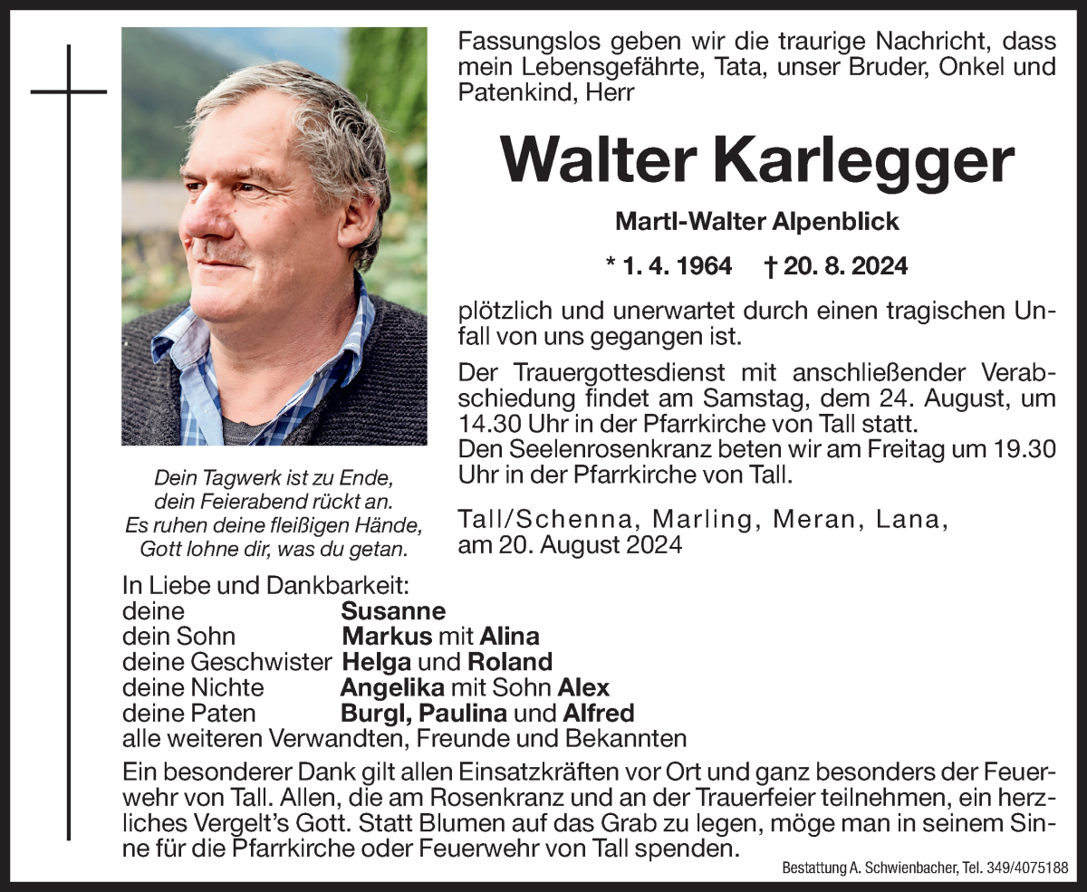  Traueranzeige für Walter Karlegger vom 22.08.2024 aus Dolomiten