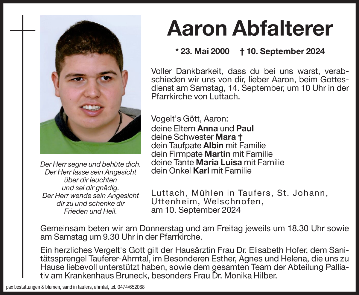  Traueranzeige für Aaron Abfalterer vom 12.09.2024 aus Dolomiten