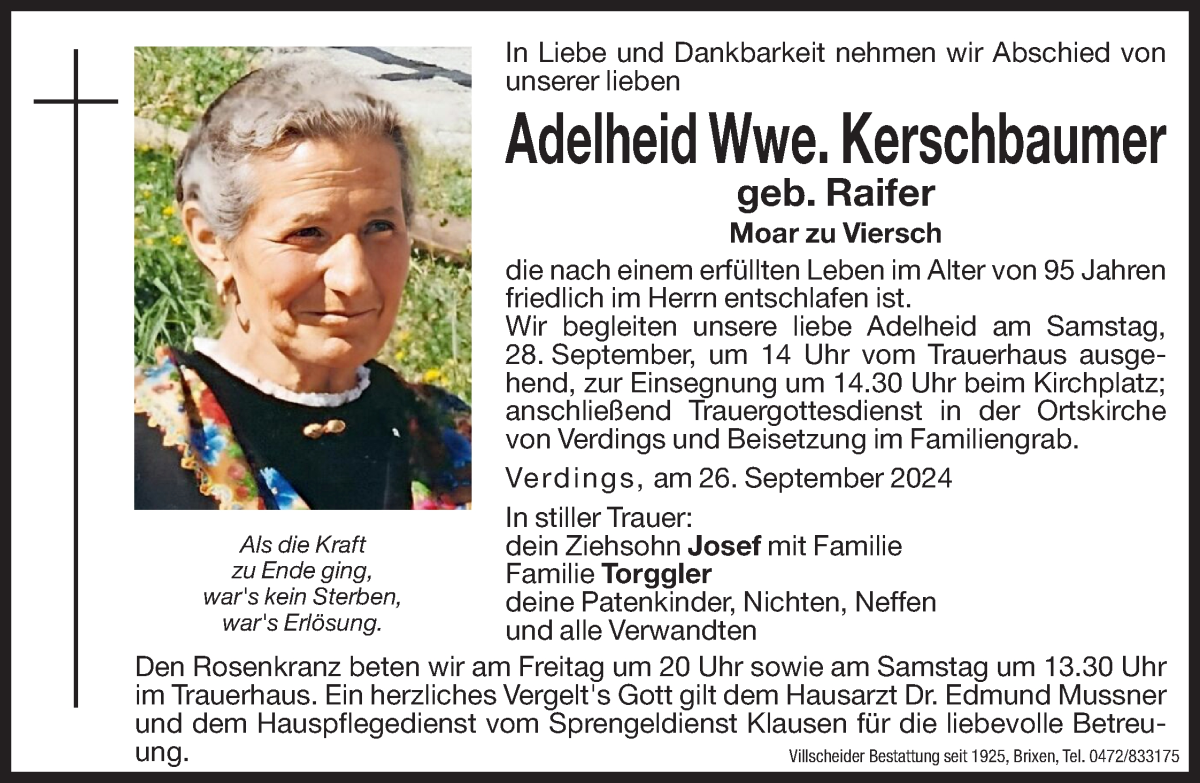  Traueranzeige für Adelheid Kerschbaumer vom 27.09.2024 aus Dolomiten