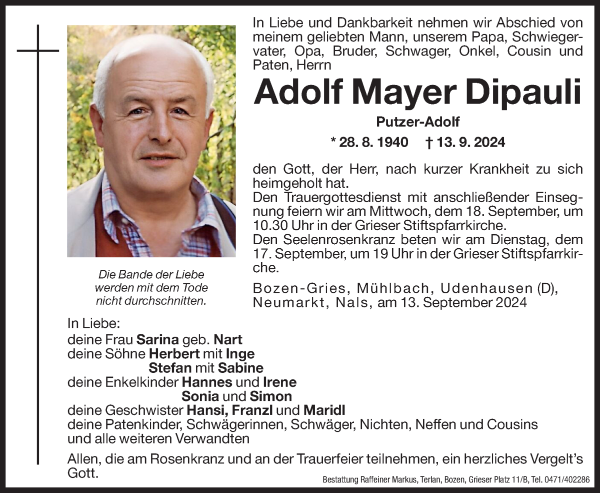  Traueranzeige für Adolf Mayer Dipauli vom 16.09.2024 aus Dolomiten