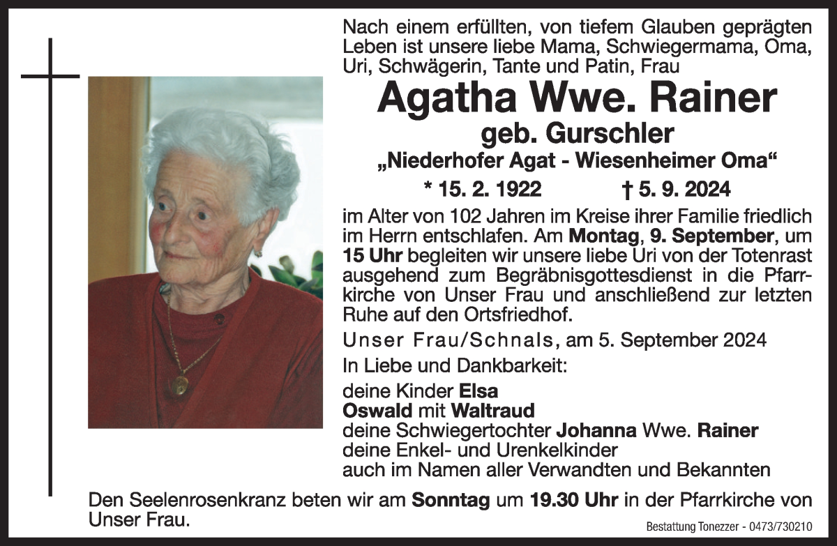  Traueranzeige für Agatha Rainer vom 07.09.2024 aus Dolomiten