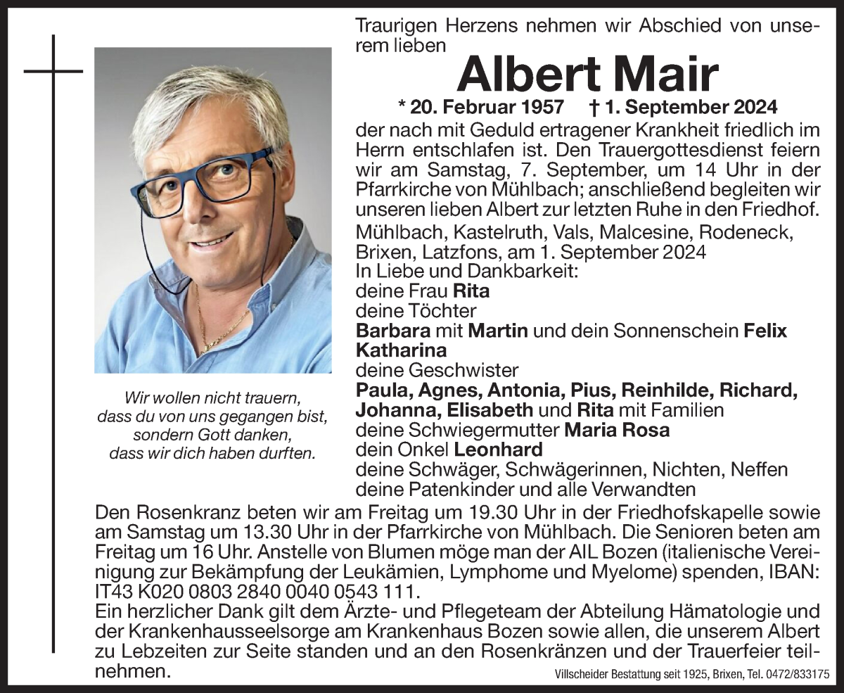  Traueranzeige für Albert Mair vom 06.09.2024 aus Dolomiten