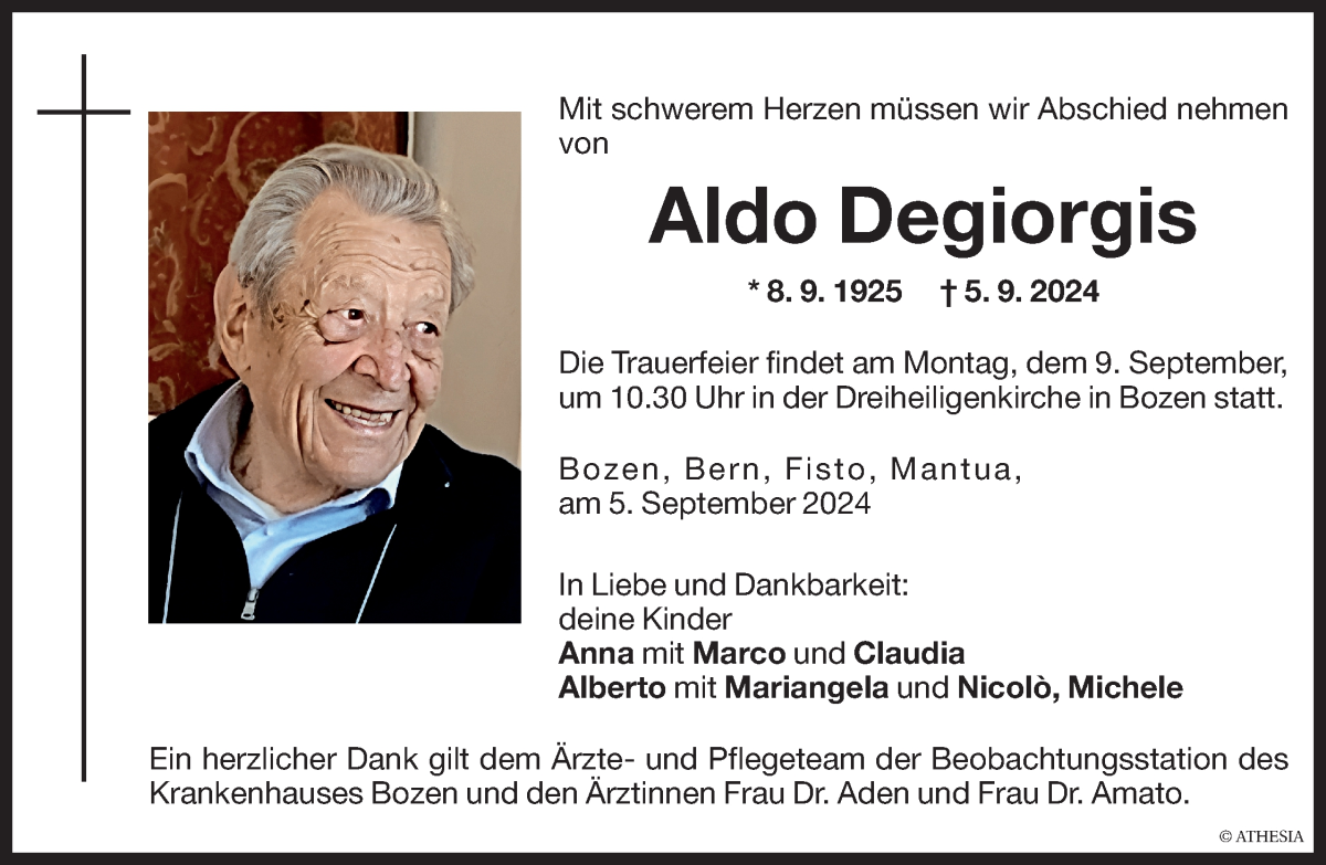  Traueranzeige für Aldo Degiorgis vom 07.09.2024 aus Dolomiten