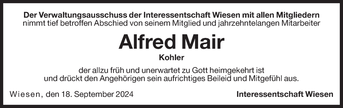  Traueranzeige für Alfred Mair vom 19.09.2024 aus Dolomiten