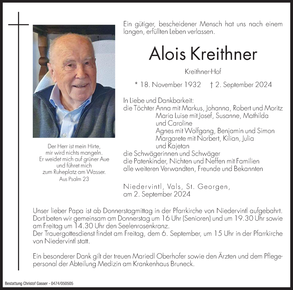  Traueranzeige für Alois Kreithner vom 04.09.2024 aus Dolomiten