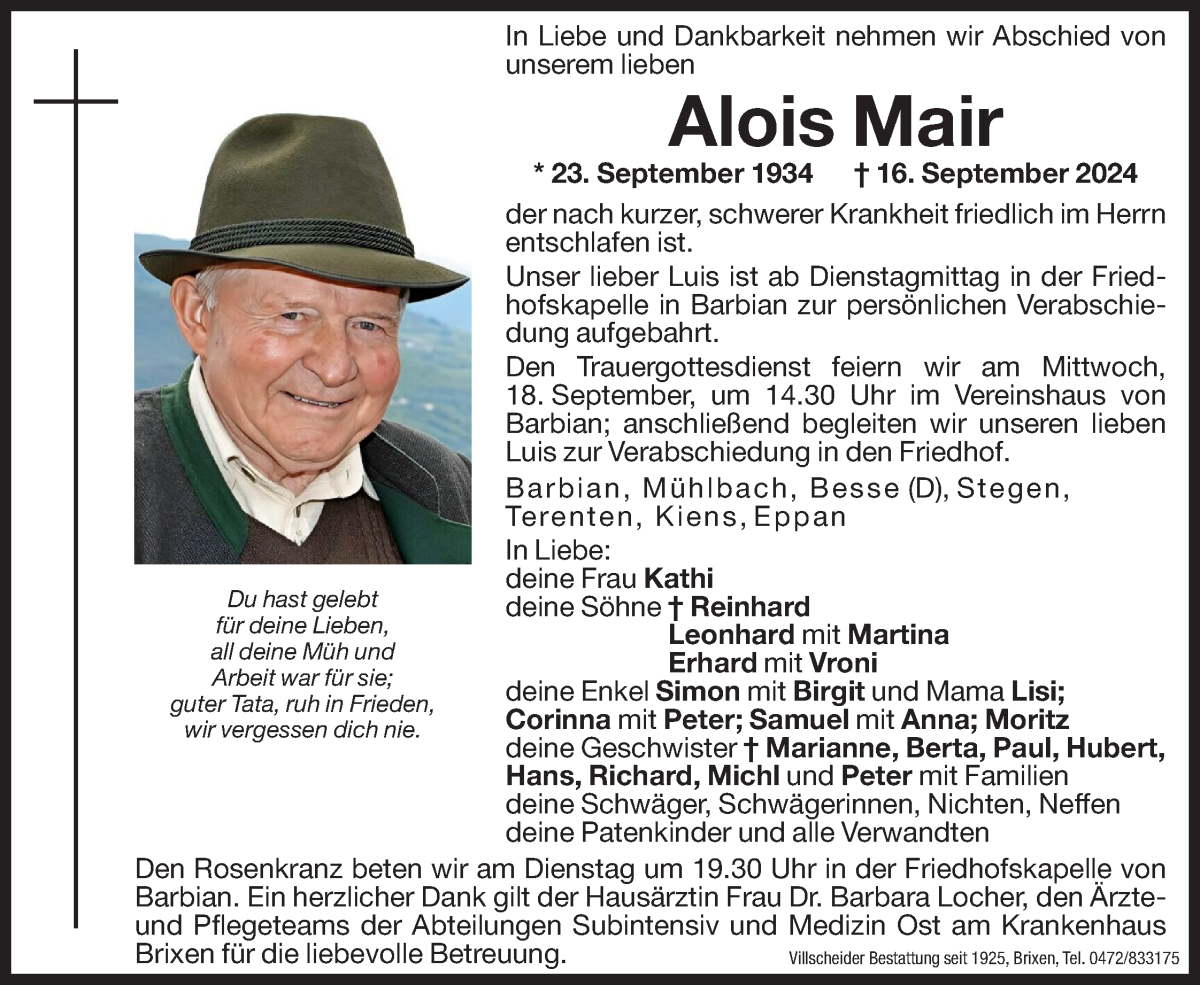  Traueranzeige für Alois Mair vom 17.09.2024 aus Dolomiten