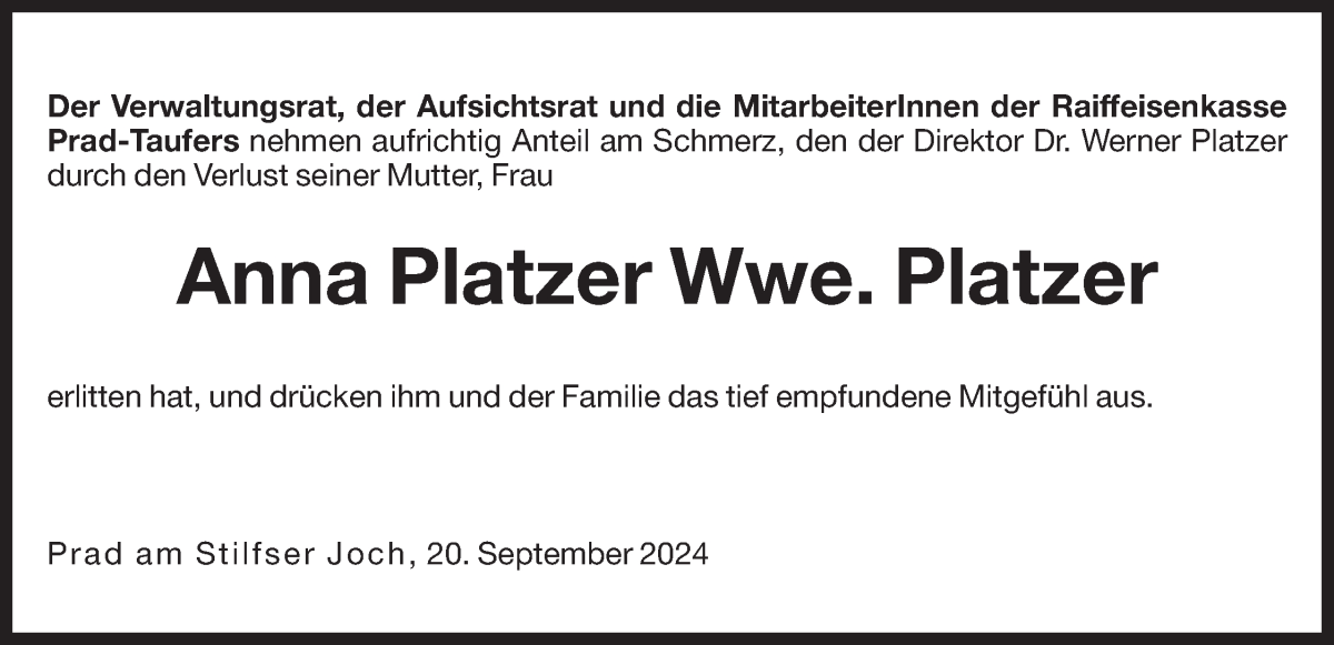  Traueranzeige für Anna Platzer vom 20.09.2024 aus Dolomiten