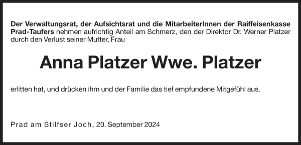 Traueranzeige von Anna Platzer von Dolomiten