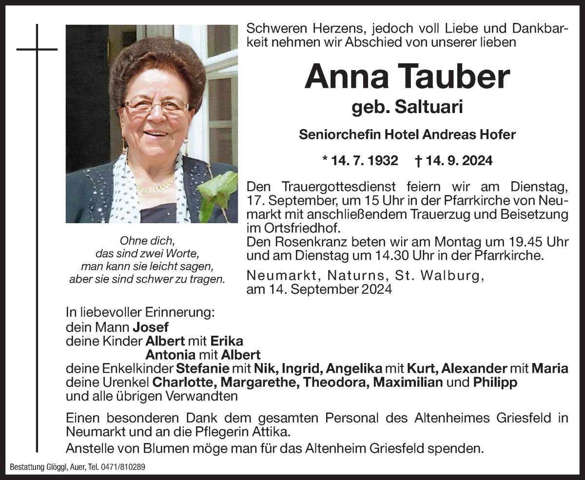  Traueranzeige für Anna Tauber vom 16.09.2024 aus Dolomiten