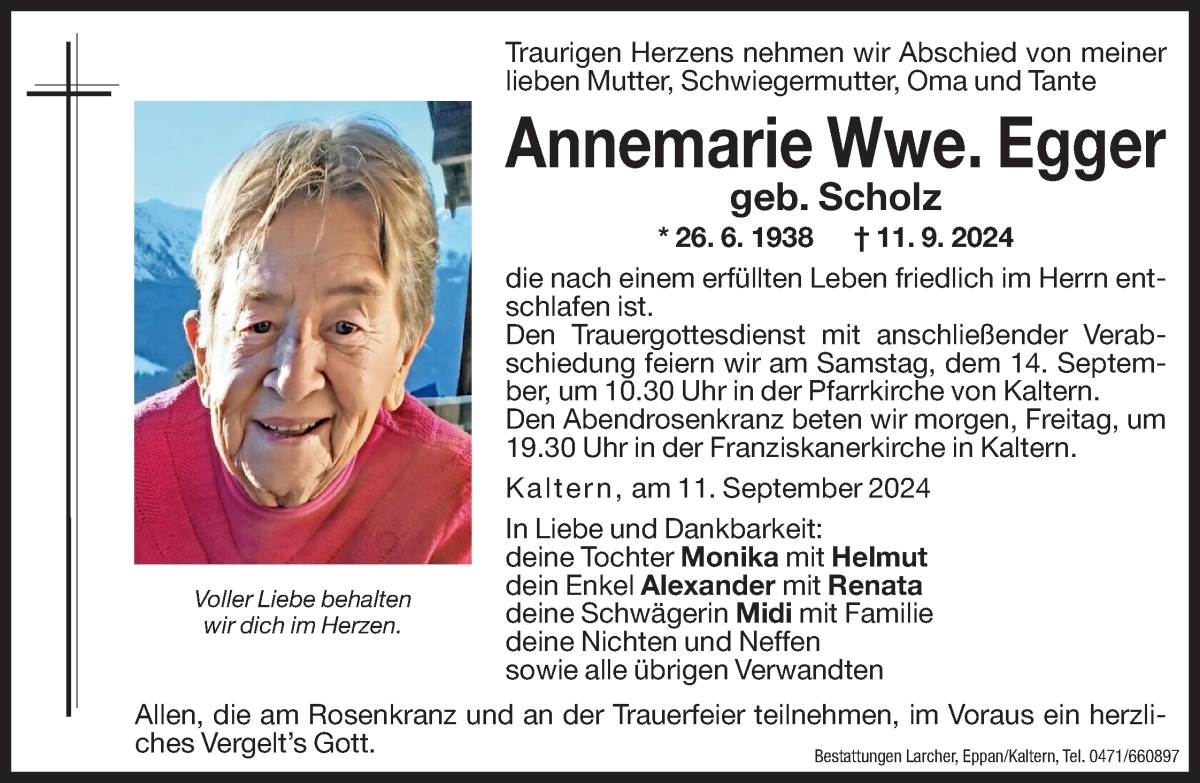  Traueranzeige für Annemarie Egger vom 12.09.2024 aus Dolomiten