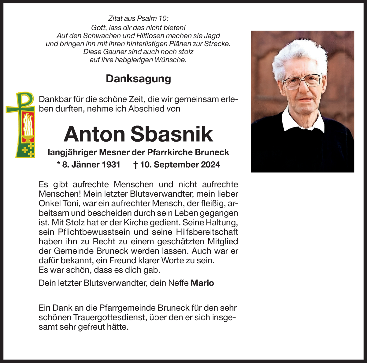  Traueranzeige für Anton Sbasnik vom 18.09.2024 aus Dolomiten