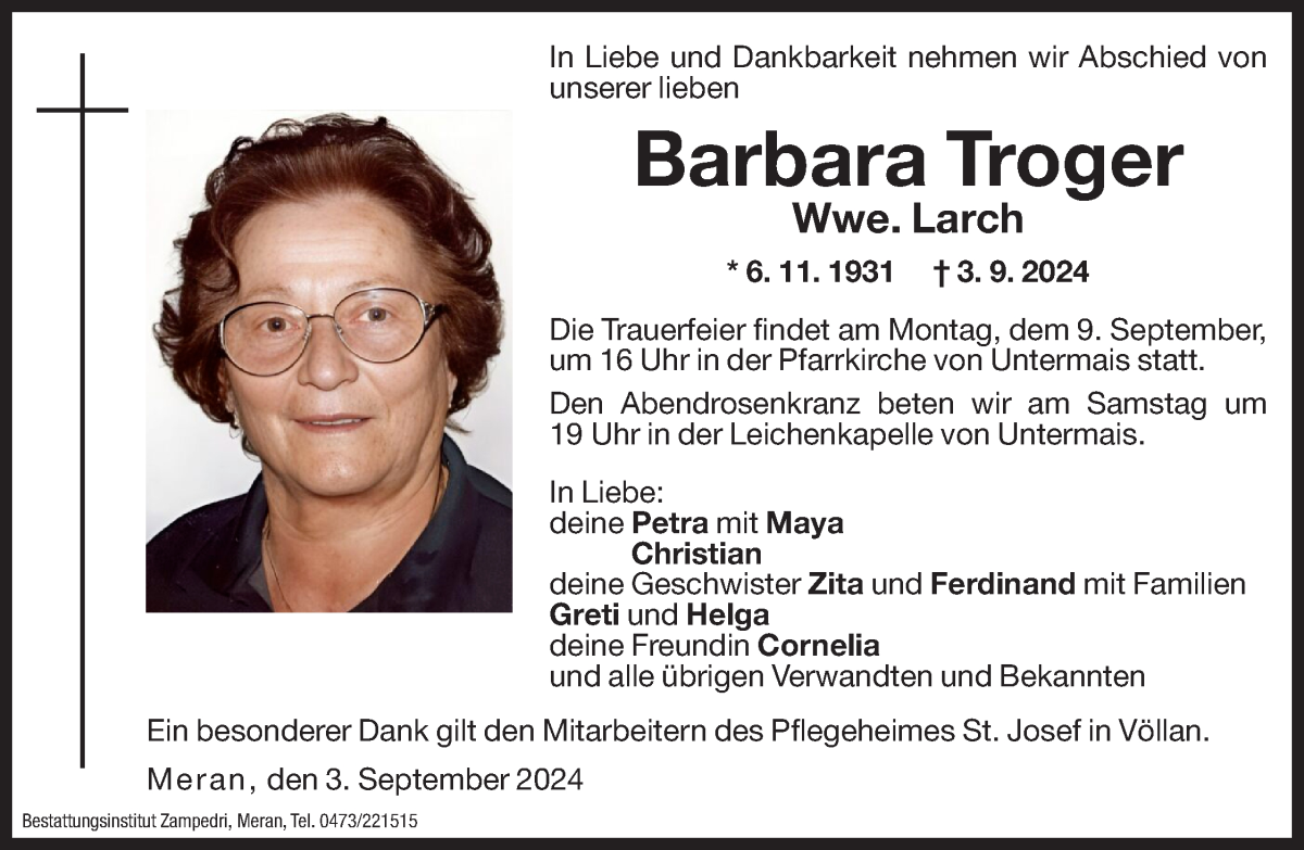  Traueranzeige für Barbara Larch vom 06.09.2024 aus Dolomiten