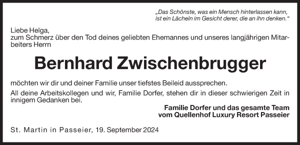 Traueranzeige von Bernhard Zwischenbrugger von Dolomiten