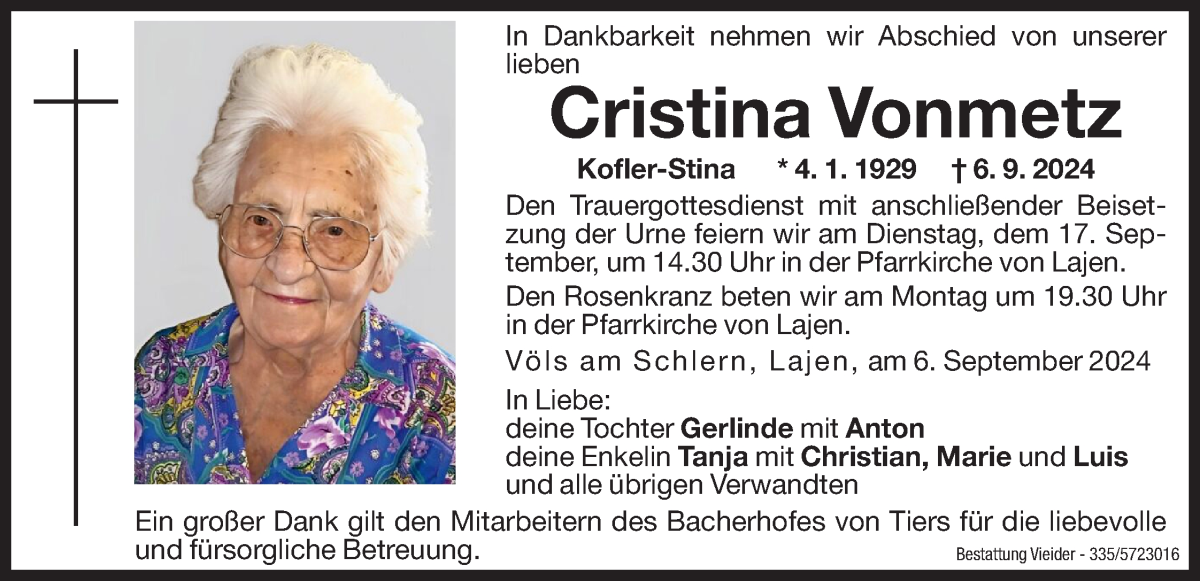  Traueranzeige für Cristina Vonmetz vom 13.09.2024 aus Dolomiten