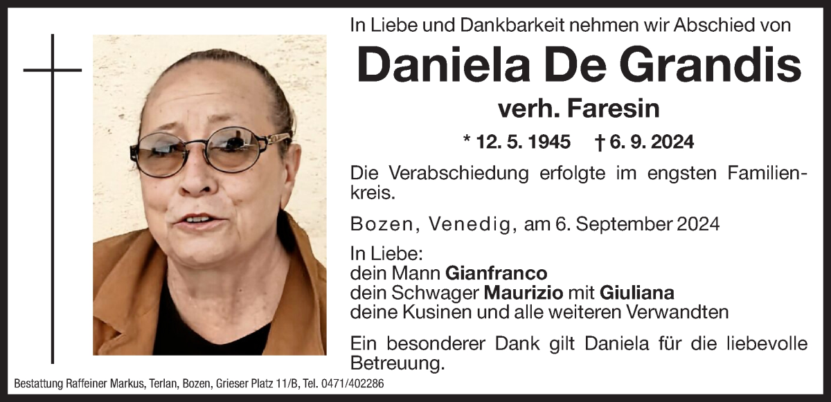  Traueranzeige für Daniela Faresin vom 10.09.2024 aus Dolomiten