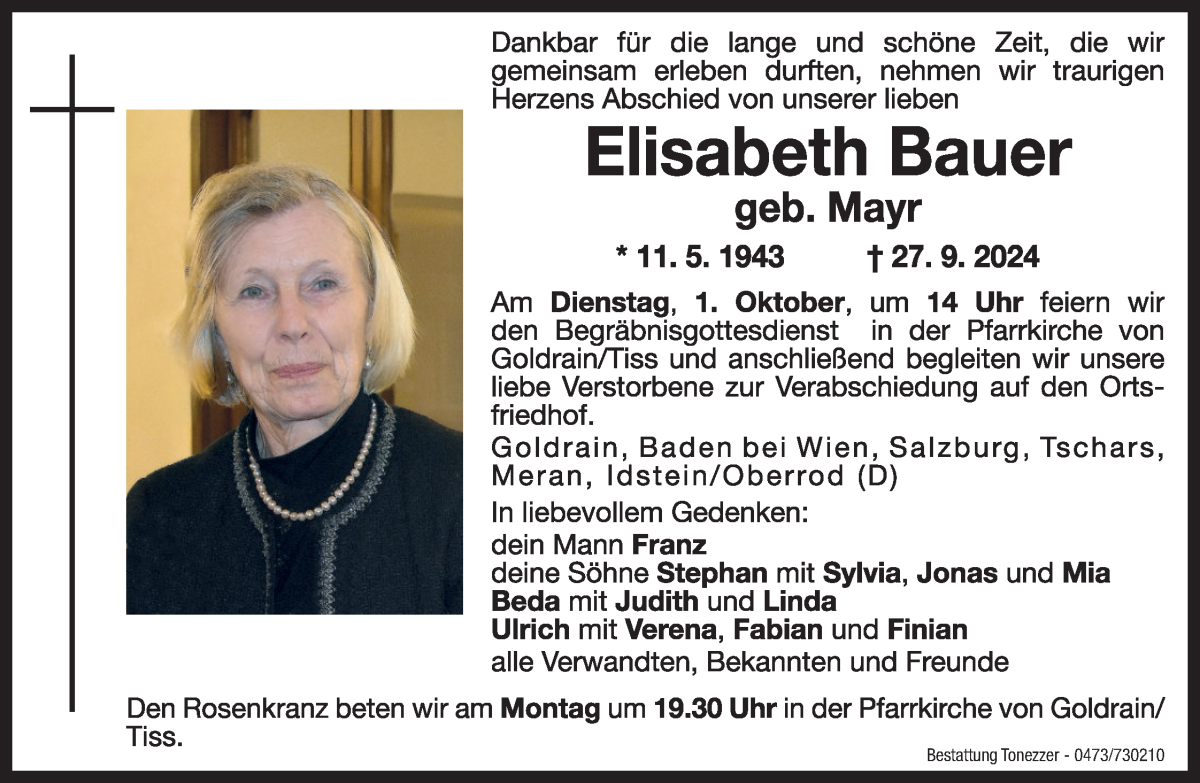  Traueranzeige für Elisabeth Bauer vom 30.09.2024 aus Dolomiten