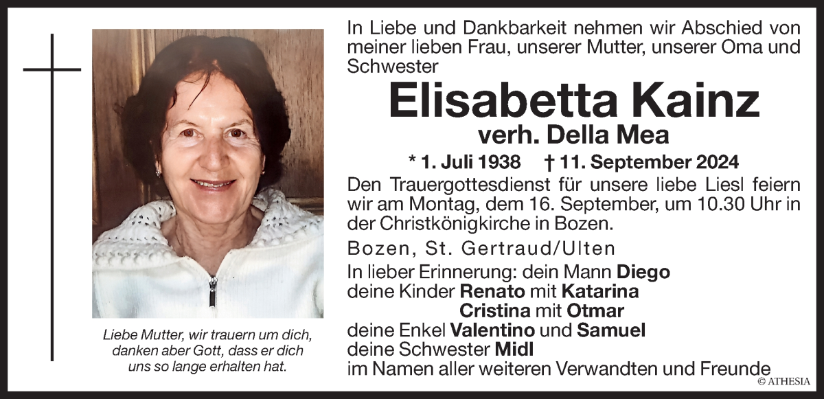  Traueranzeige für Elisabetta Della Mea vom 14.09.2024 aus Dolomiten