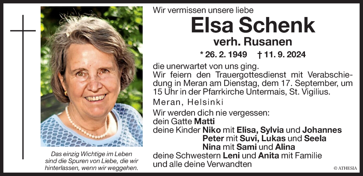  Traueranzeige für Elsa Rusanen vom 16.09.2024 aus Dolomiten