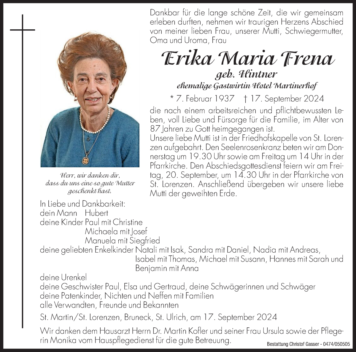  Traueranzeige für Erika Maria Frena vom 19.09.2024 aus Dolomiten