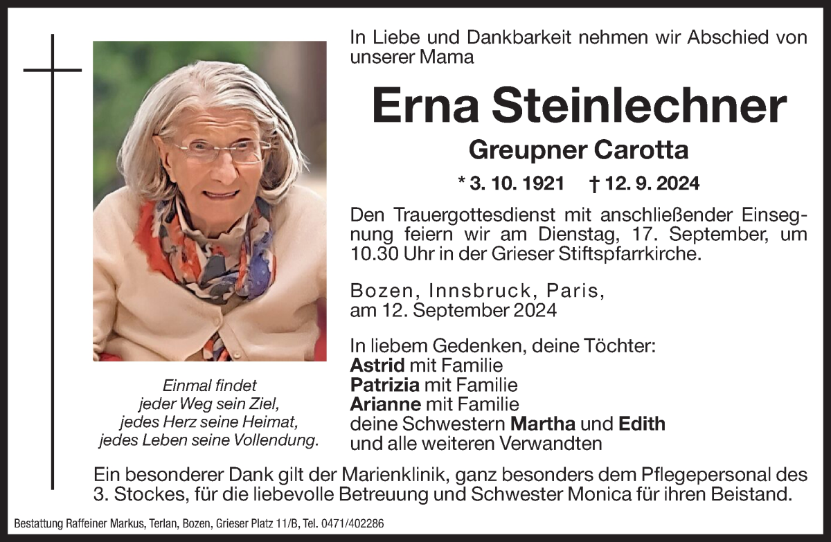  Traueranzeige für Erna Steinlechner vom 14.09.2024 aus Dolomiten