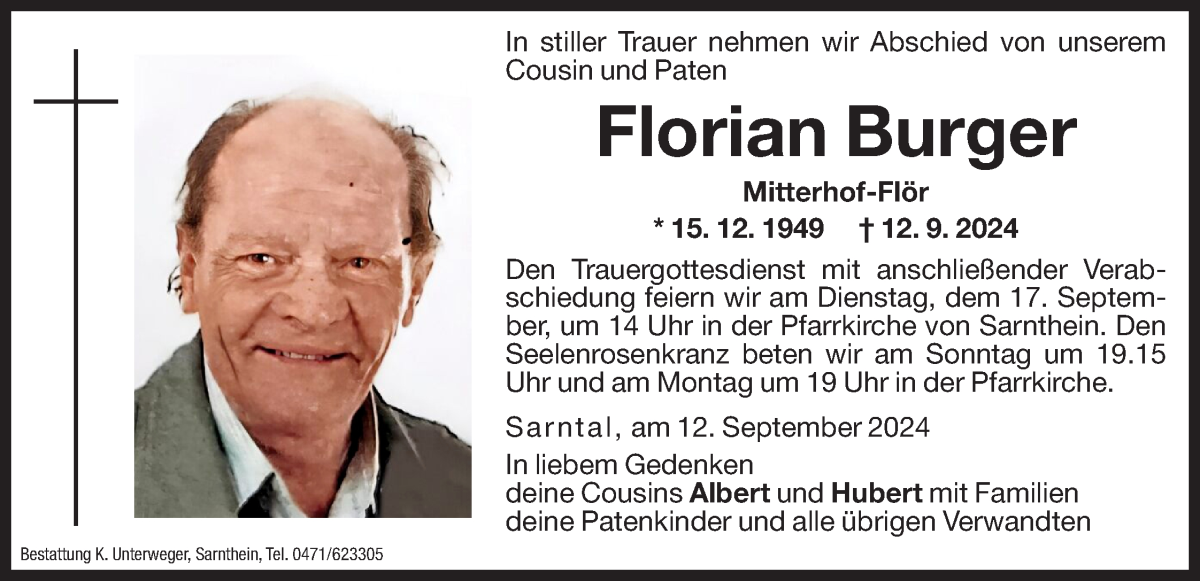  Traueranzeige für Florian Burger vom 14.09.2024 aus Dolomiten