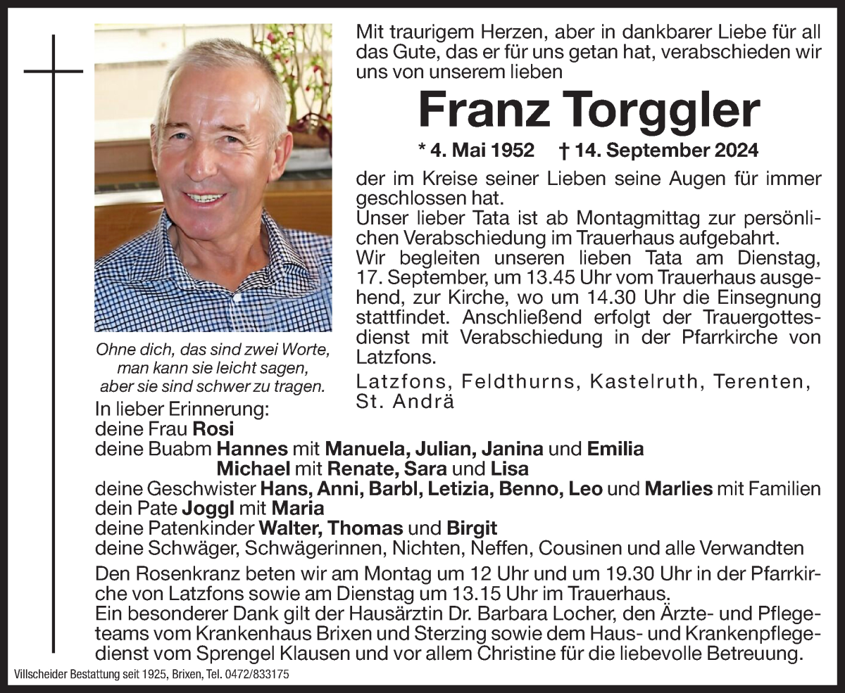  Traueranzeige für Franz Torggler vom 16.09.2024 aus Dolomiten