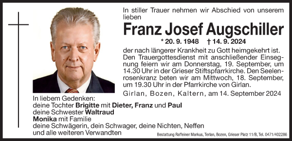 Traueranzeige von Franz Josef Augschiller von Dolomiten