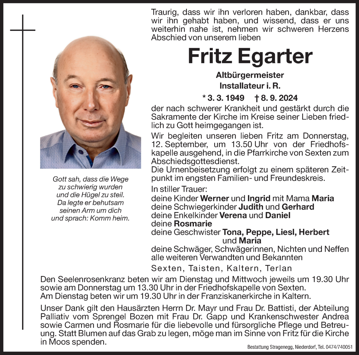  Traueranzeige für Fritz Egarter vom 09.09.2024 aus Dolomiten