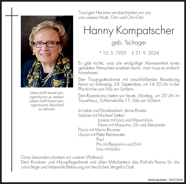 Traueranzeige von Hanny Kompatscher von Dolomiten