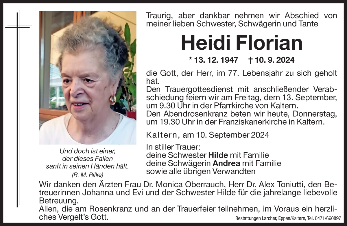  Traueranzeige für Heidi Florian vom 12.09.2024 aus Dolomiten