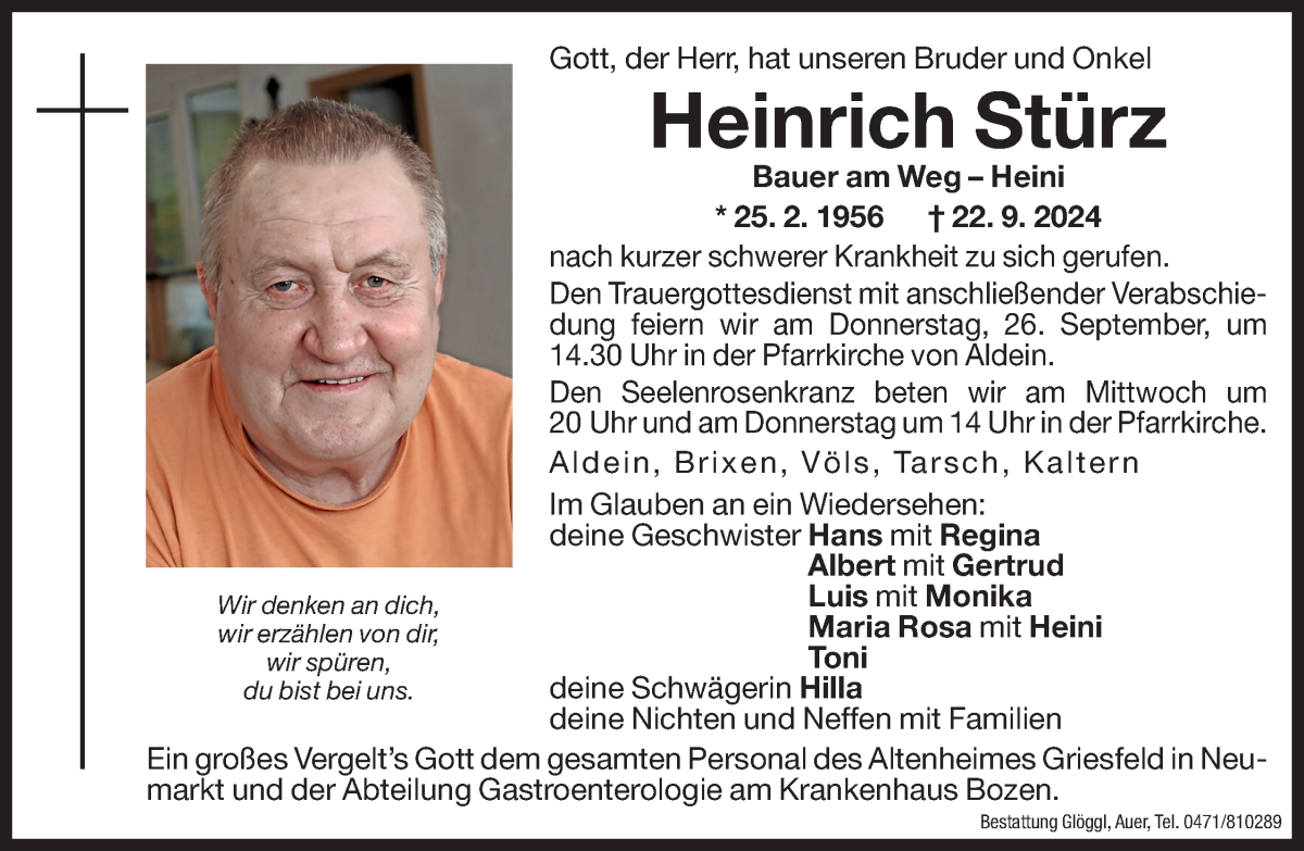  Traueranzeige für Heinrich Stürz vom 25.09.2024 aus Dolomiten