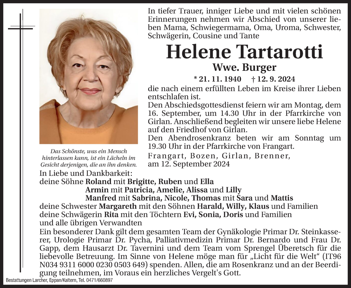  Traueranzeige für Helene Burger vom 13.09.2024 aus Dolomiten