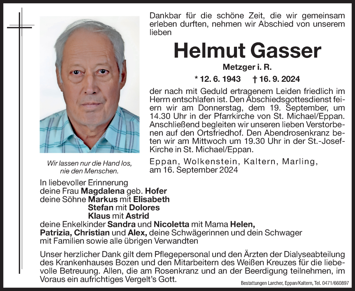  Traueranzeige für Helmut Gasser vom 17.09.2024 aus Dolomiten