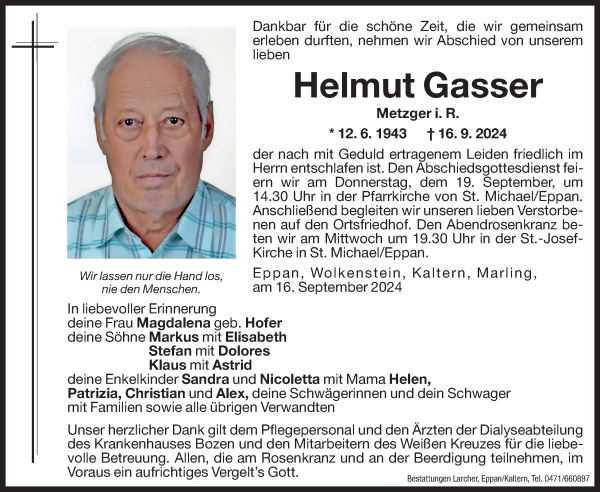 Traueranzeige von Helmut Gasser von Dolomiten