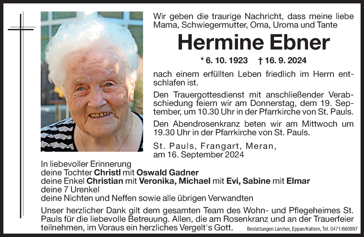  Traueranzeige für Hermine Ebner vom 18.09.2024 aus Dolomiten