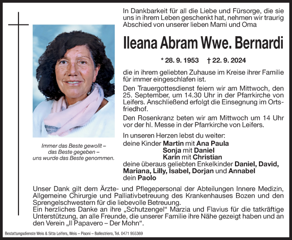 Traueranzeige von Ileana Abram Wwe. Bernardi  von Dolomiten